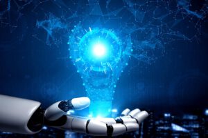 Profesional de marketing analizando estrategias con inteligencia artificial en entorno digital.